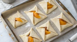 Six assembled apricot puff pastry recipe squares on a parchment-lined baking sheet, some sprinkled with sugar.