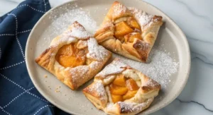 Three baked apricot puff pastry recipe squares on a speckled plate, dusted with powdered sugar.