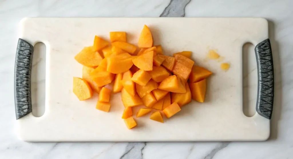 Diced orange apricots on a white marble cutting board, part of an apricot puff pastry recipe.