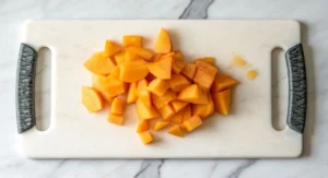 Diced orange apricots on a white marble cutting board, part of an apricot puff pastry recipe.