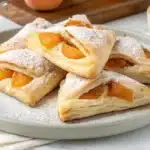 Apricot Puff Pastry Recipe: Easy, Elegant & Endlessly Adaptable 18 A stack of baked apricot puff pastry recipe squares on a gray plate, dusted with powdered sugar, with fresh apricots in the background.