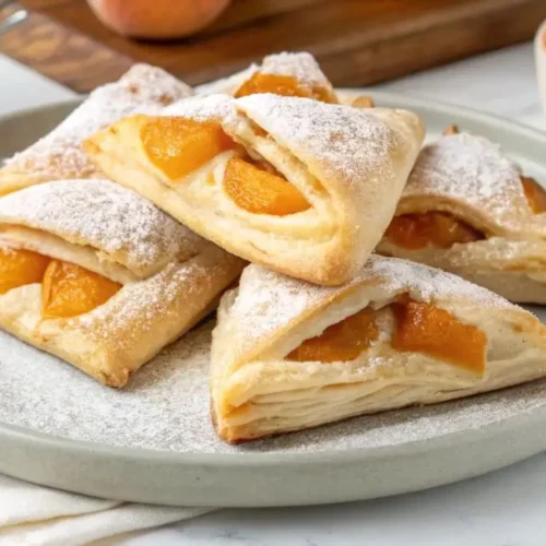 A stack of baked apricot puff pastry recipe squares on a gray plate, dusted with powdered sugar, with fresh apricots in the background.
