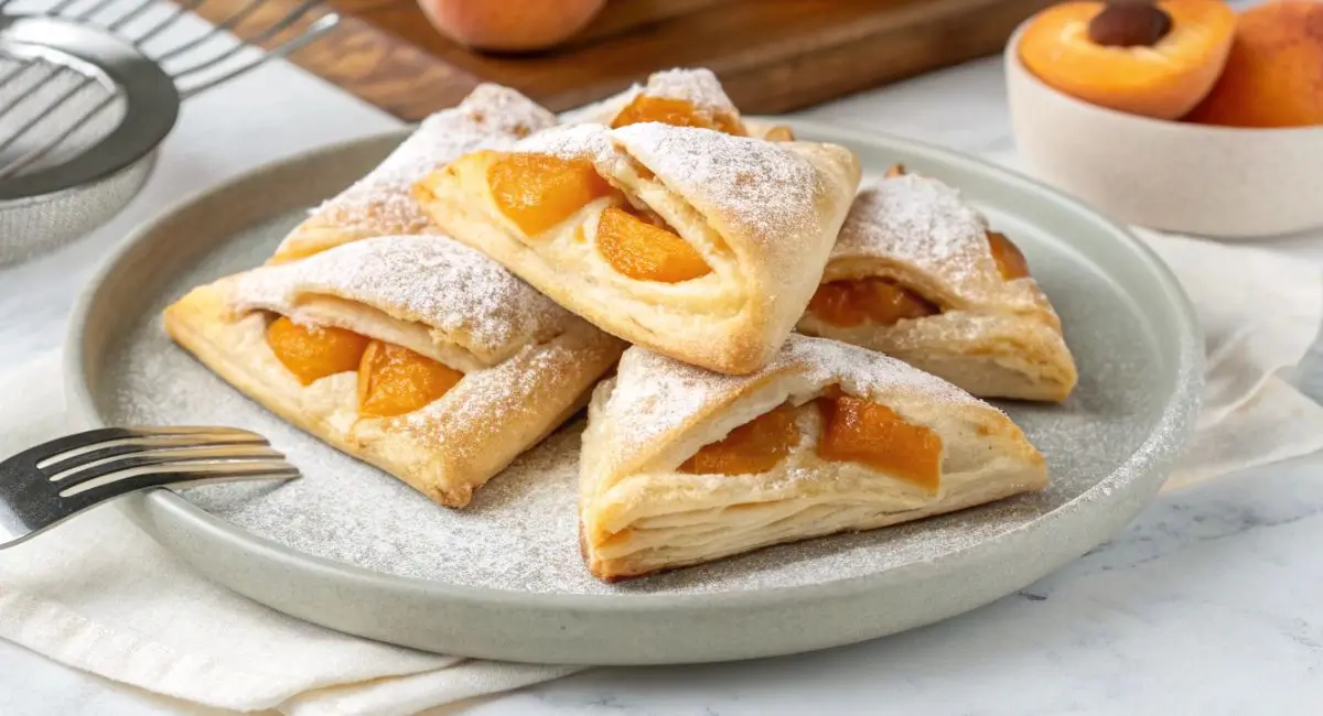 A stack of baked apricot puff pastry recipe squares on a gray plate, dusted with powdered sugar, with fresh apricots in the background.