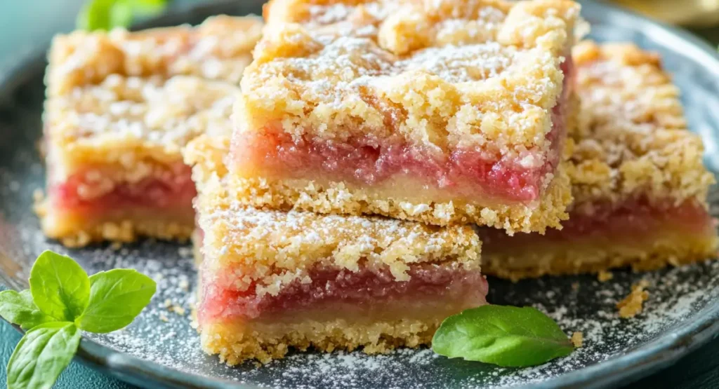 Stack of freshly baked rhubarb bars with powdered sugar on a serving plate