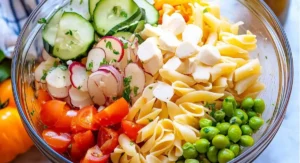 A clear glass bowl displays the separate ingredients of a cold pasta salad recipe: rotini pasta, halved cherry tomatoes, sliced radishes, fresh green peas, cubed mozzarella cheese, and sliced cucumbers.
