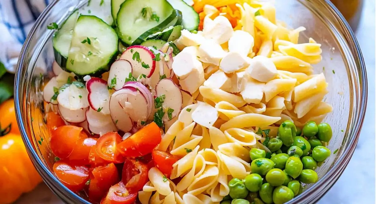A clear glass bowl displays the separate ingredients of a cold pasta salad recipe: rotini pasta, halved cherry tomatoes, sliced radishes, fresh green peas, cubed mozzarella cheese, and sliced cucumbers.