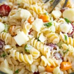 A clear glass bowl contains a partially mixed cold pasta salad recipe with rotini pasta, mozzarella, tomatoes, carrots, cucumbers, and fresh herbs. A silver fork is visible within the salad.