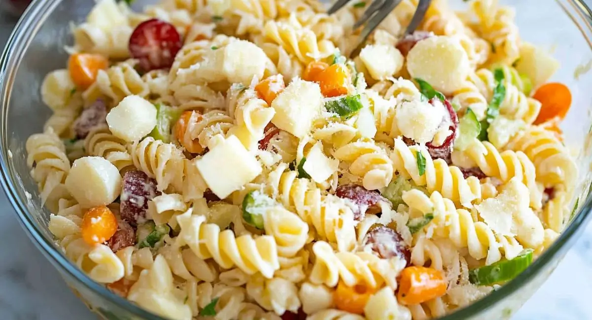 A clear glass bowl contains a partially mixed cold pasta salad recipe with rotini pasta, mozzarella, tomatoes, carrots, cucumbers, and fresh herbs. A silver fork is visible within the salad.