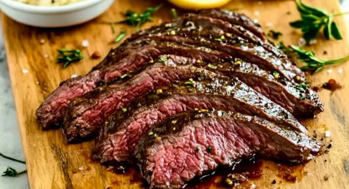 Slices of juicy flank steak with visible grill marks and pink center, seasoned with herbs and pepper, on a wooden cutting board with a side of sauce. Juicy Flank Steak Recipe.