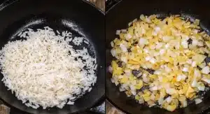 A diptych shows the initial stages of making fluffy rice pilaf, with raw rice in one pan and sautéed onions in another.