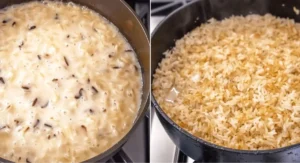 Another diptych shows the process of making fluffy rice pilaf, with rice simmering in liquid in one pan and cooked, browned rice in another.