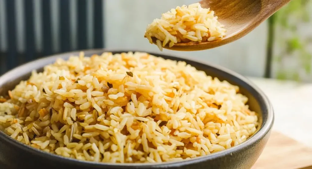 A close-up shows a spoonful of fluffy rice pilaf held above a bowl filled with the same golden-brown rice dish.