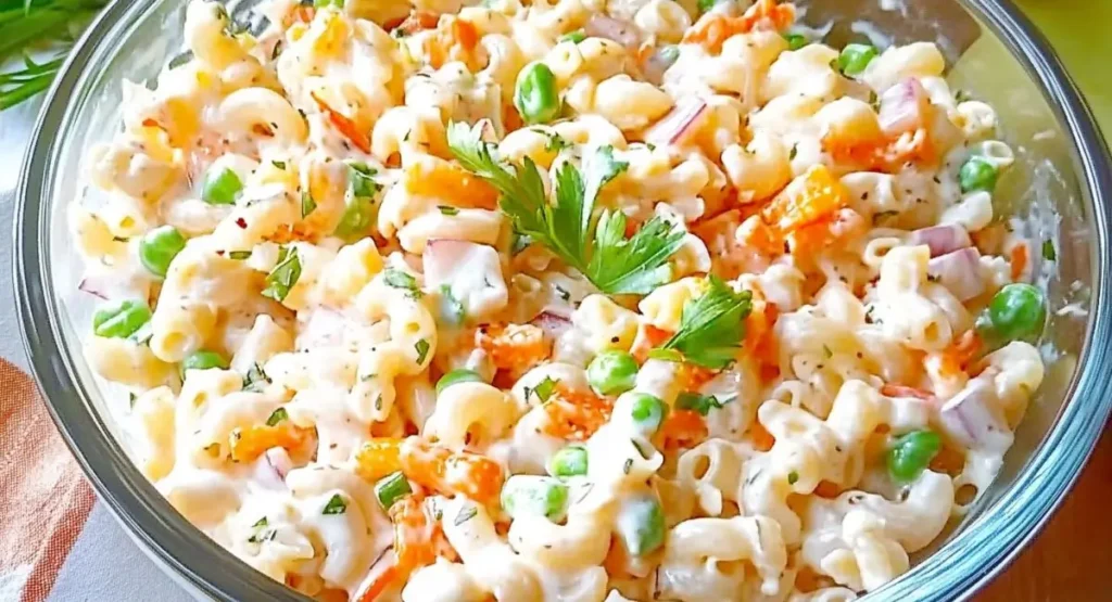 A clear glass bowl filled with creamy macaroni salad containing diced carrots, peas, and red onions, a colorful interpretation of the Hawaiian pasta salad recipe.