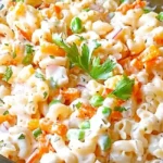 Hawaiian Pasta Salad Recipe: A Taste of Island Sunshine 18 A clear glass bowl filled with creamy macaroni salad containing diced carrots, peas, and red onions, a colorful interpretation of the Hawaiian pasta salad recipe.