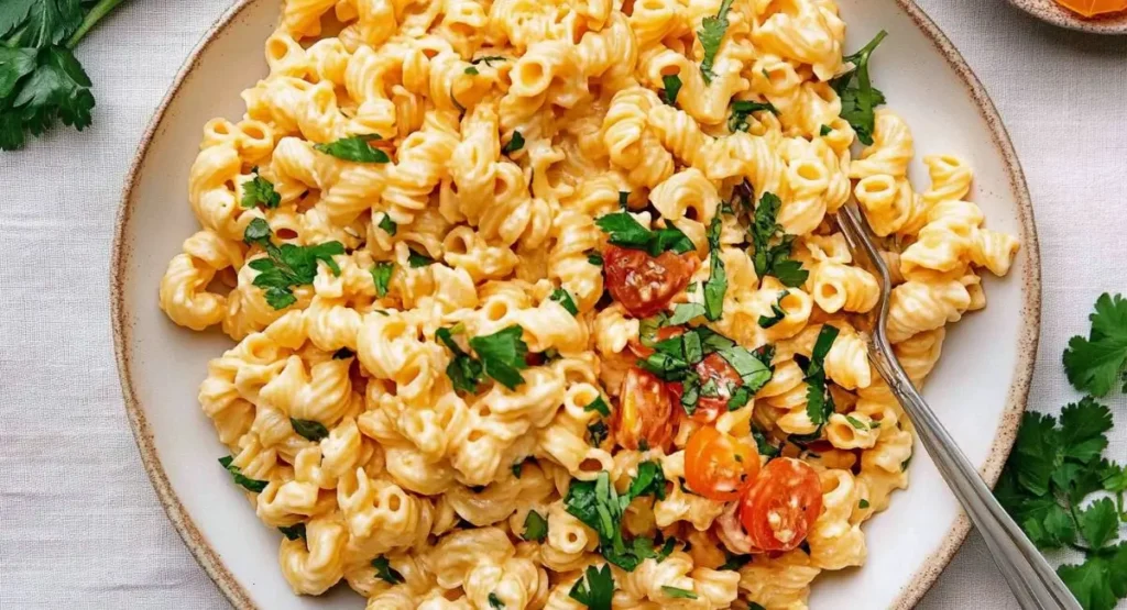 A plate of creamy macaroni salad with halved cherry tomatoes and fresh parsley, a variation of the Hawaiian pasta salad recipe.