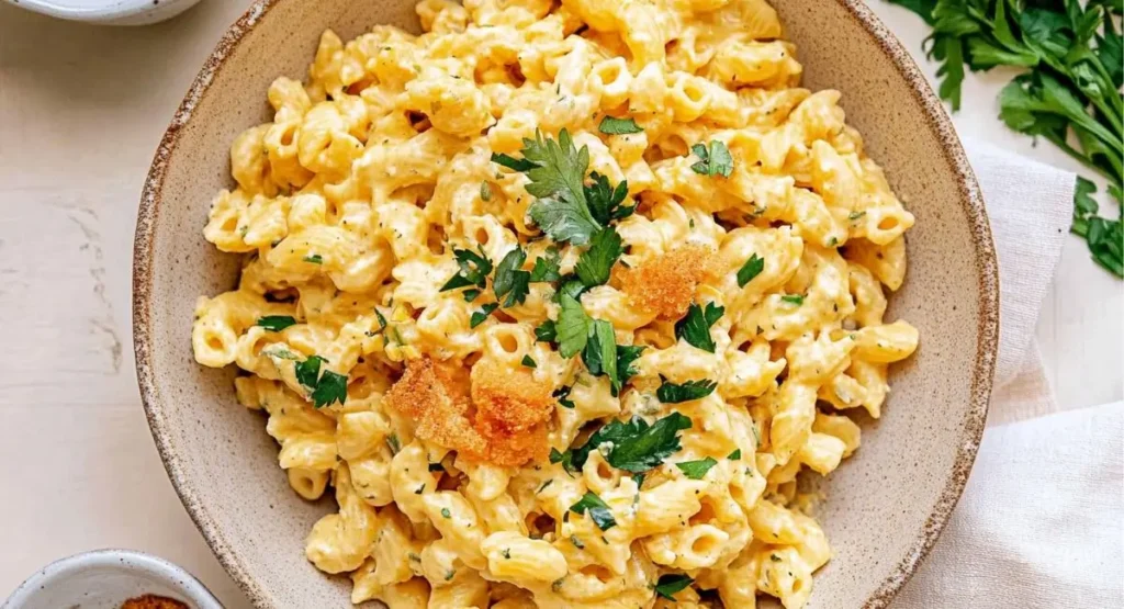 Creamy macaroni and cheese topped with crispy breadcrumbs and fresh parsley, a comforting take on the Hawaiian pasta salad recipe.