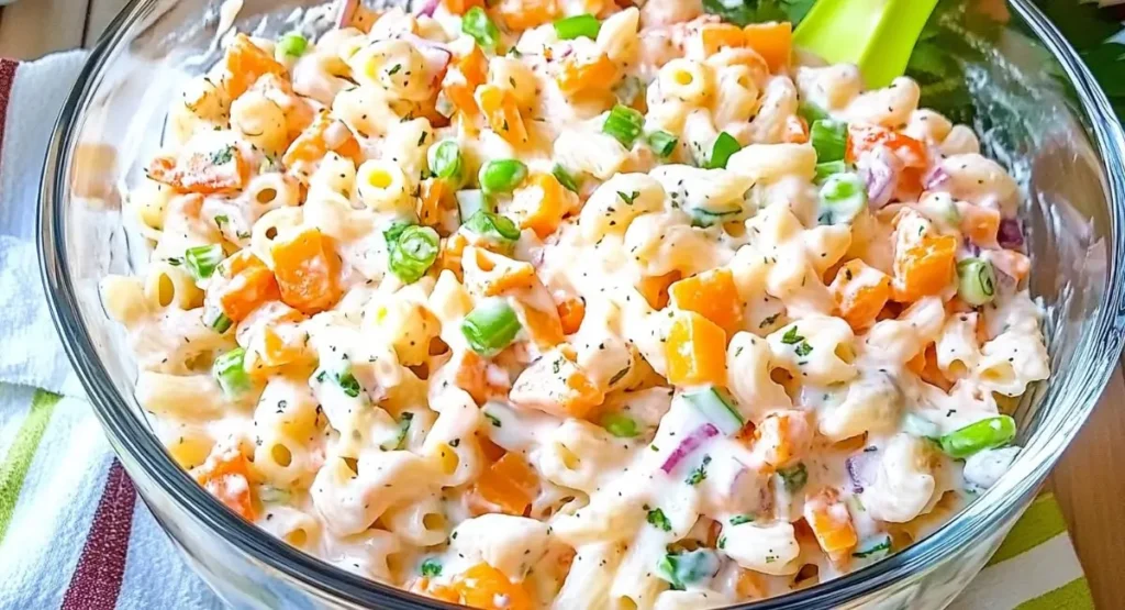 A clear glass bowl of creamy macaroni salad with diced carrots, peas, and green onions, a refreshing example of the Hawaiian pasta salad recipe.