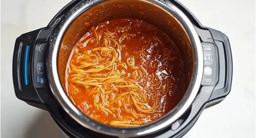 A top-down view into a stainless steel instant pot containing instant pot spaghetti and a rich tomato sauce, ready to be mixed.