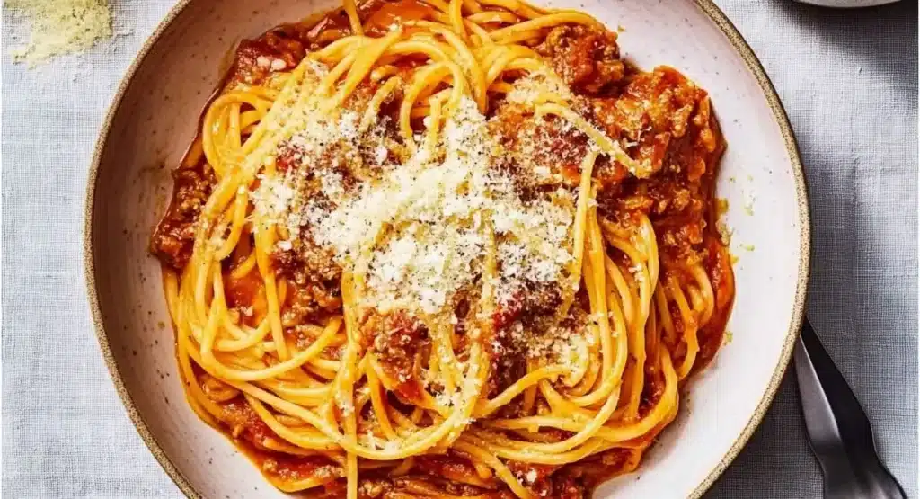 A creamy white bowl filled with steaming instant pot spaghetti topped with a rich meat sauce and grated Parmesan cheese, set on a light grey textured surface with a sprinkle of extra cheese and cutlery nearby.
