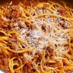 Close-up of instant pot spaghetti with a hearty meat sauce and grated Parmesan cheese in a stainless steel instant pot.