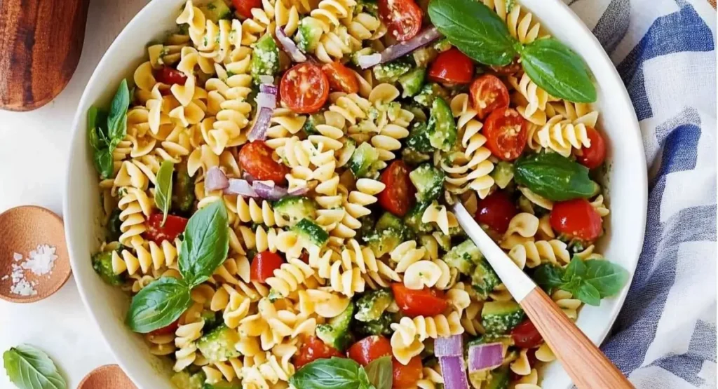 A top-down view of a white bowl containing Cold Pasta Salad Recipe with spiral pasta, halved cherry tomatoes, sliced cucumbers, red onion slices, and fresh basil leaves, dressed with a light, possibly pesto-based, dressing and served with a wooden serving spoon.
