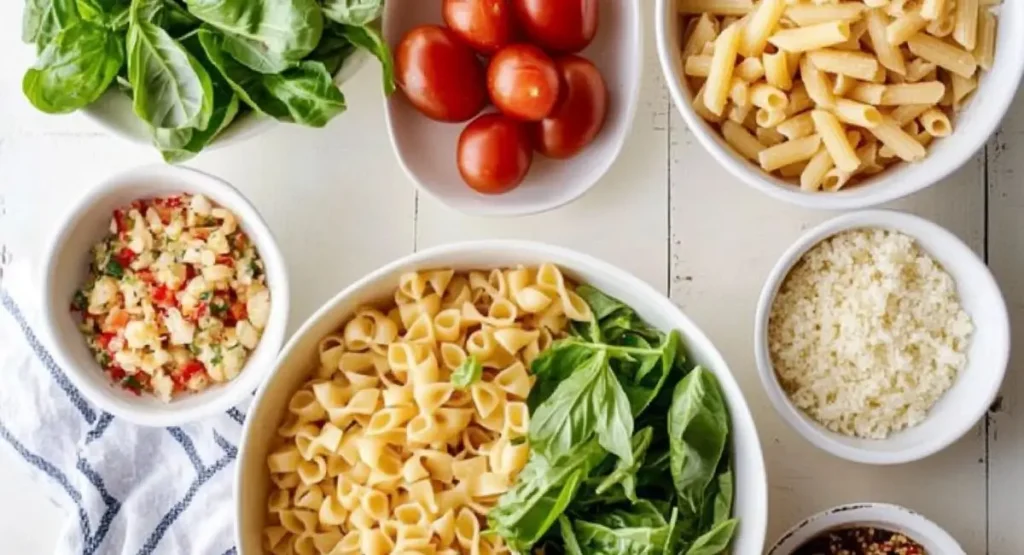 An overhead shot of various ingredients for Cold Pasta Salad Recipes arranged on a white wooden surface, including bowls of cooked pasta, fresh basil leaves, halved cherry tomatoes, and diced vegetables in a light dressing.