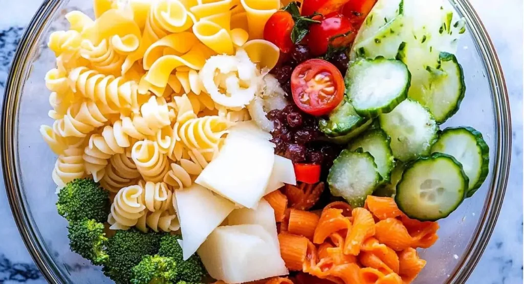 An overhead view of a clear glass bowl containing the separate ingredients for Cold Pasta Salad Recipes: different types of uncooked pasta, broccoli florets, cubed cheese, halved cherry tomatoes, and sliced cucumbers.