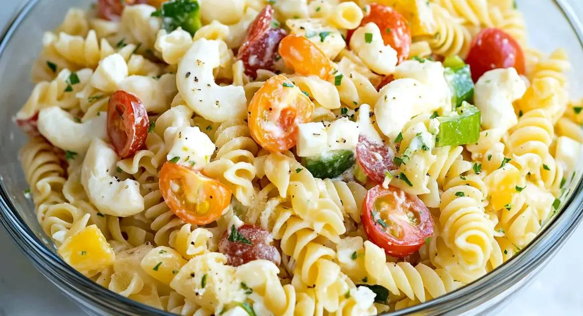 A close-up, angled shot of a white bowl filled with a creamy Cold Pasta Salad Recipe, featuring spiral pasta, halved cherry tomatoes, cubed cheese, and green bell peppers, all coated in a light-colored dressing.
