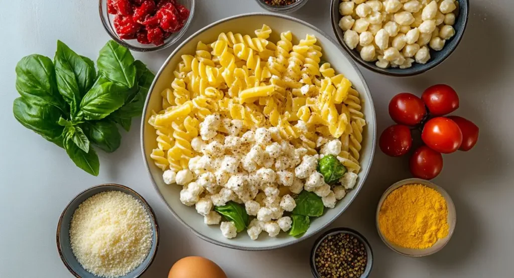  Ingredients for a protein pasta salad recipe laid out on a grey surface.