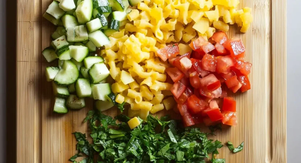 Prepared ingredients for a protein pasta salad recipe on a wooden board.