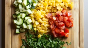Prepared ingredients for a protein pasta salad recipe on a wooden board.