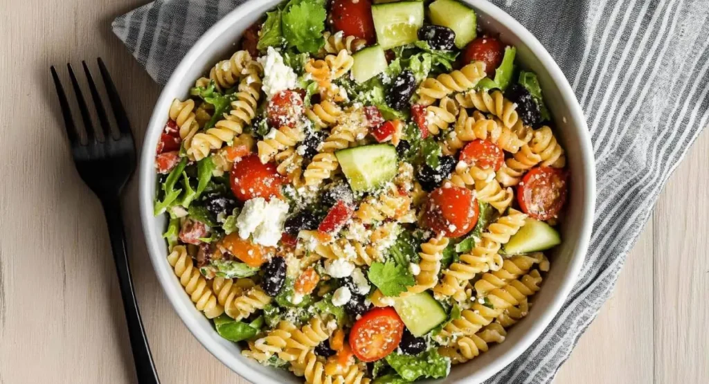 A vibrant bowl of Greek protein pasta salad recipe.