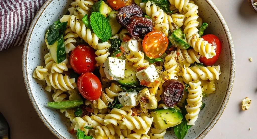 A close-up of a Mediterranean protein pasta salad recipe.