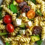 A close-up of a Mediterranean protein pasta salad recipe.