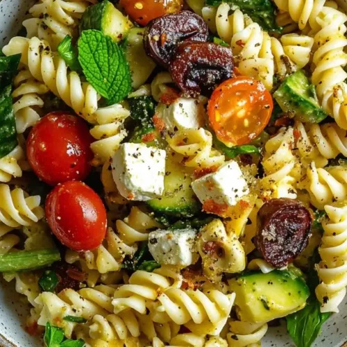 A close-up of a Mediterranean protein pasta salad recipe.