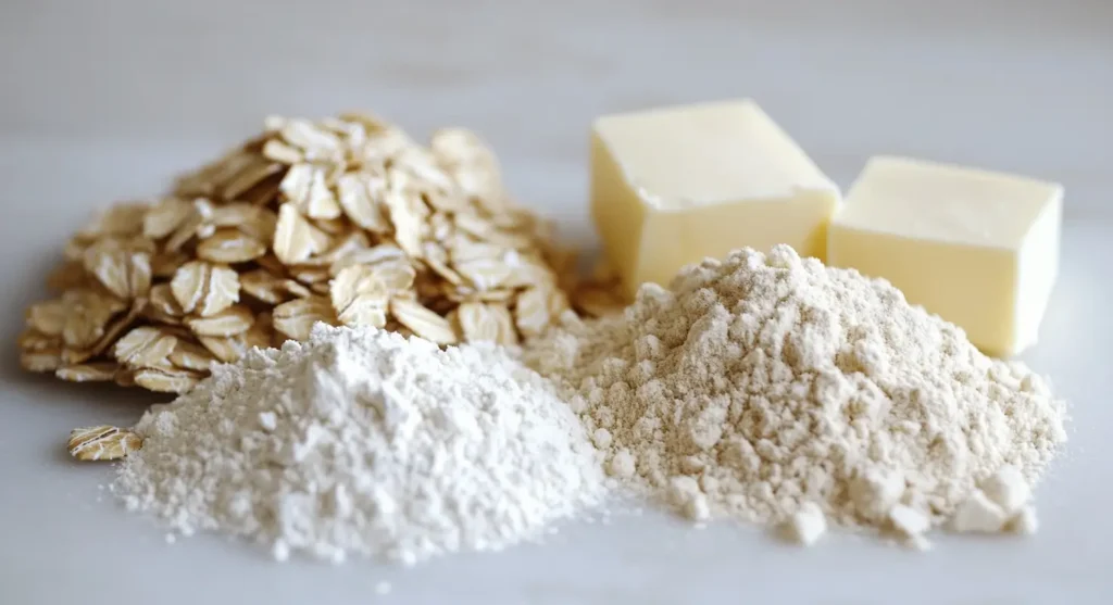 Ingredients for rhubarb bars including oats, flour, and butter on a kitchen counter