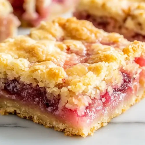 Close-up of a slice from a rhubarb bars recipe with golden crumble topping