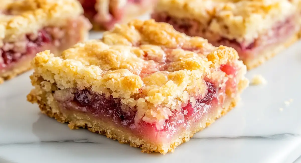 Close-up of a slice from a rhubarb bars recipe with golden crumble topping