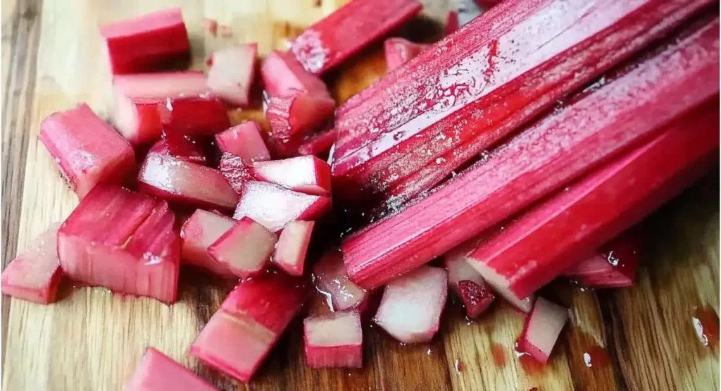 Fresh, vibrant red rhubarb stalks being chopped on a wooden cutting board, a key ingredient for a rhubarb cobbler recipe.