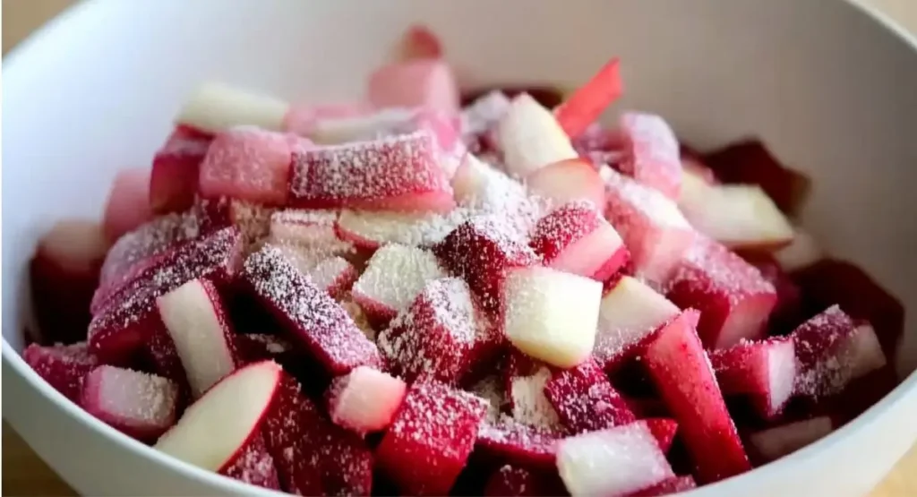 Chopped rhubarb mixed with sugar in a white bowl, an early step in a rhubarb cobbler recipe.