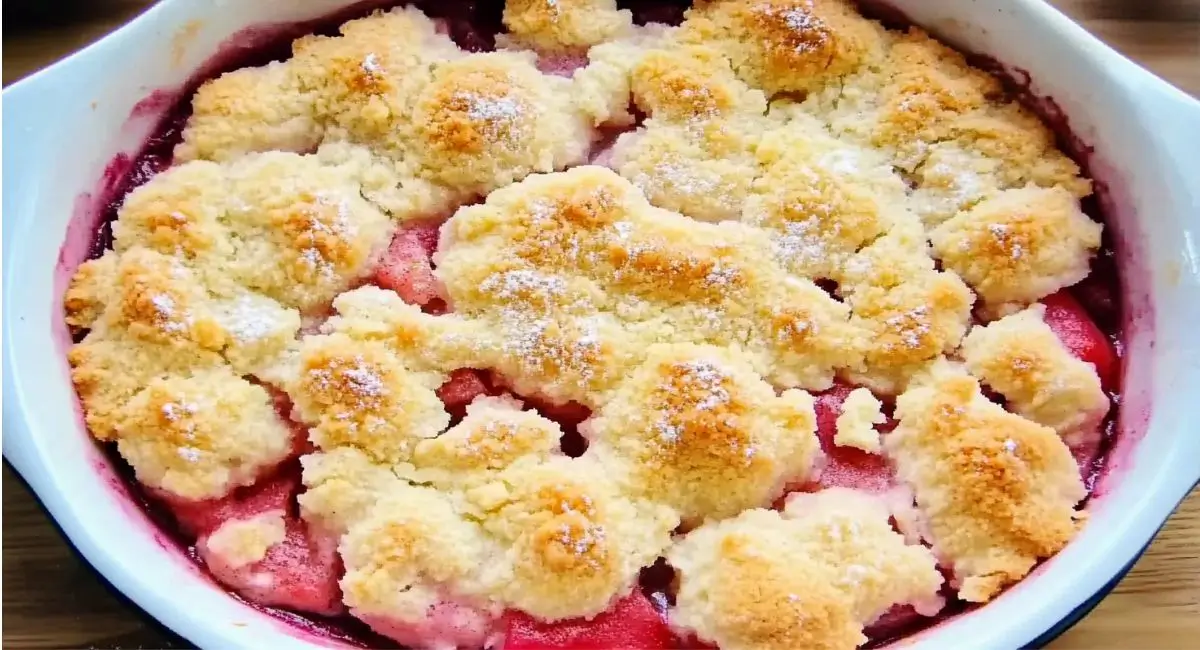 A freshly baked rhubarb cobbler in a white dish, featuring a golden crumble topping, part of a rhubarb cobbler recipe.