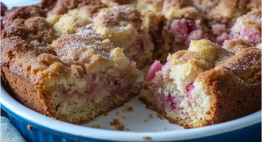 A partially eaten rhubarb coffee cake recipe in a blue baking dish, showing a missing wedge and the cake's textured surface.