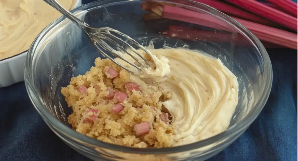 A clear glass bowl containing a light yellow batter, brown sugar crumble, and pink pieces of rhubarb being mixed with a whisk, illustrating a step in the rhubarb coffee cake recipe.