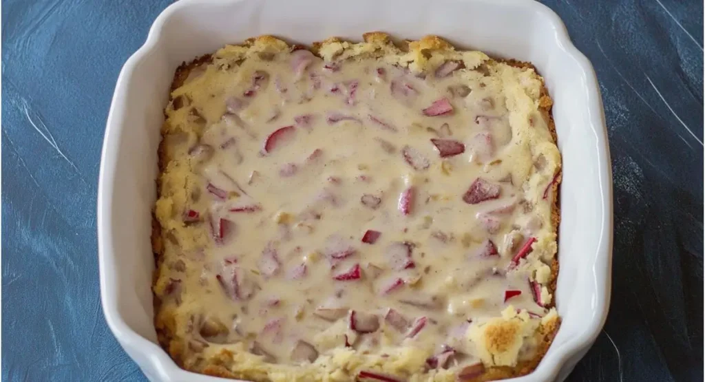 An unbaked rhubarb coffee cake recipe batter with visible pieces of pink rhubarb in a white square baking dish on a blue surface.