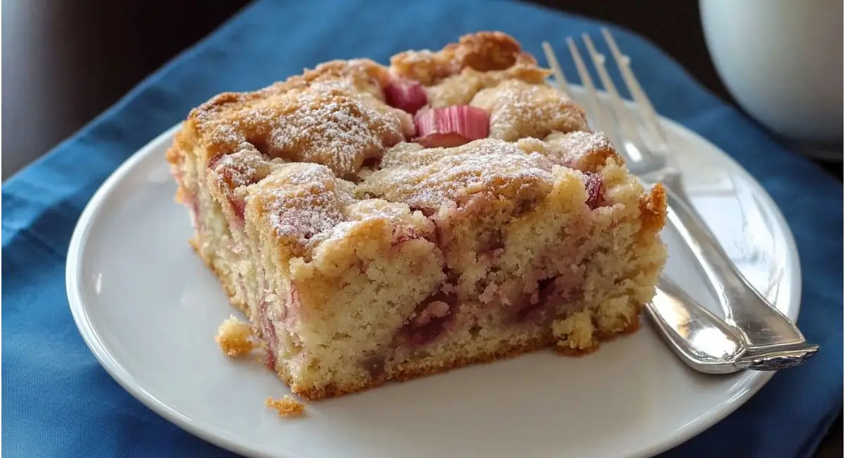 A slice of golden brown rhubarb coffee cake recipe dusted with powdered sugar sits on a white plate next to two silver forks, on a blue cloth napkin.