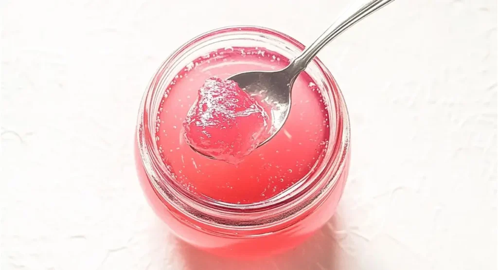 Top-down view of a spoonful of pink rhubarb jelly lifted from a jar.