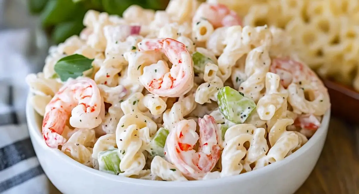 Creamy shrimp pasta salad recipe with elbow macaroni, shrimp, celery, and red onion in a white bowl.