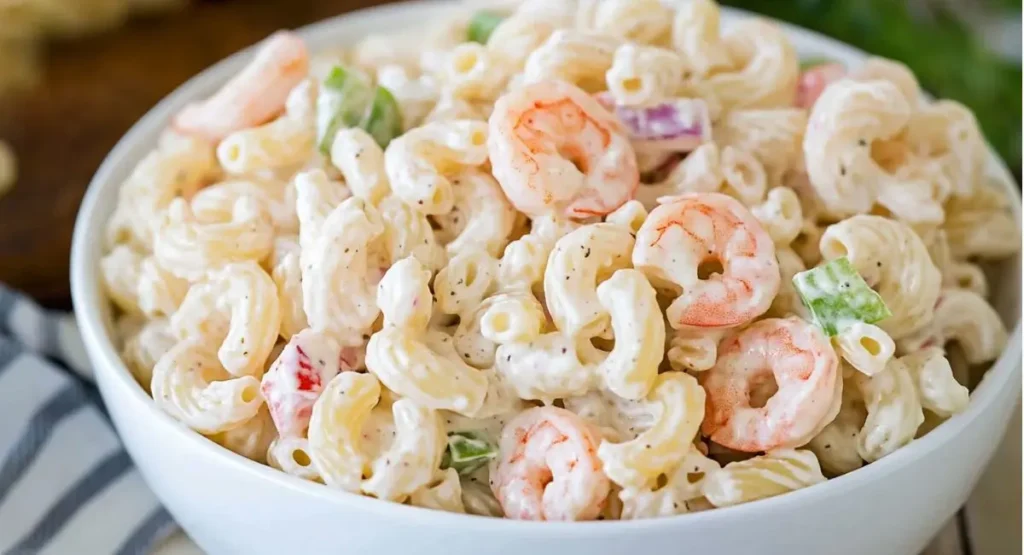Close-up of a shrimp pasta salad recipe with elbow macaroni, shrimp, celery, and red bell pepper in a white bowl.