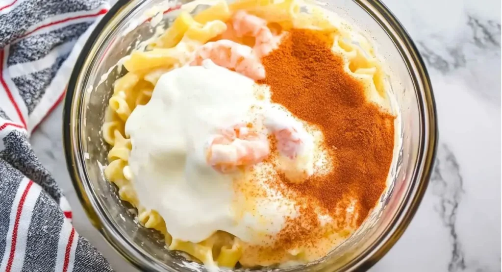 Ingredients for shrimp pasta salad recipe in a clear glass bowl, including pasta, cooked shrimp, a dollop of mayonnaise, and paprika.