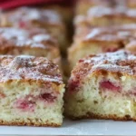 A close-up of two rectangular slices of sourdough rhubarb recipe cake with more slices blurred in the background, all dusted with powdered sugar.